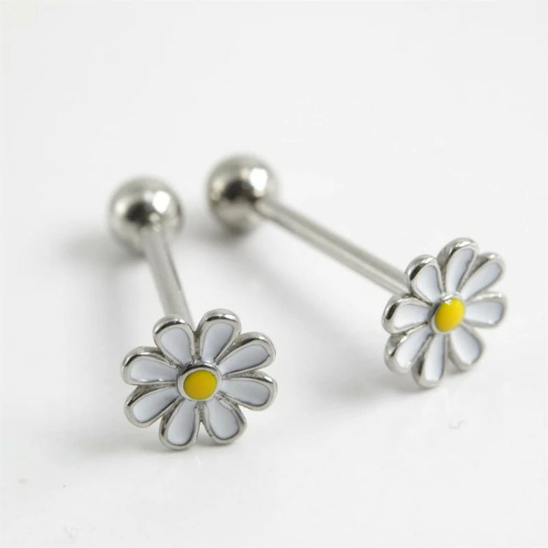 Daisy Flower Tongue Rings 316L Surgical Stainless Steel Floral Screw Back Ball
