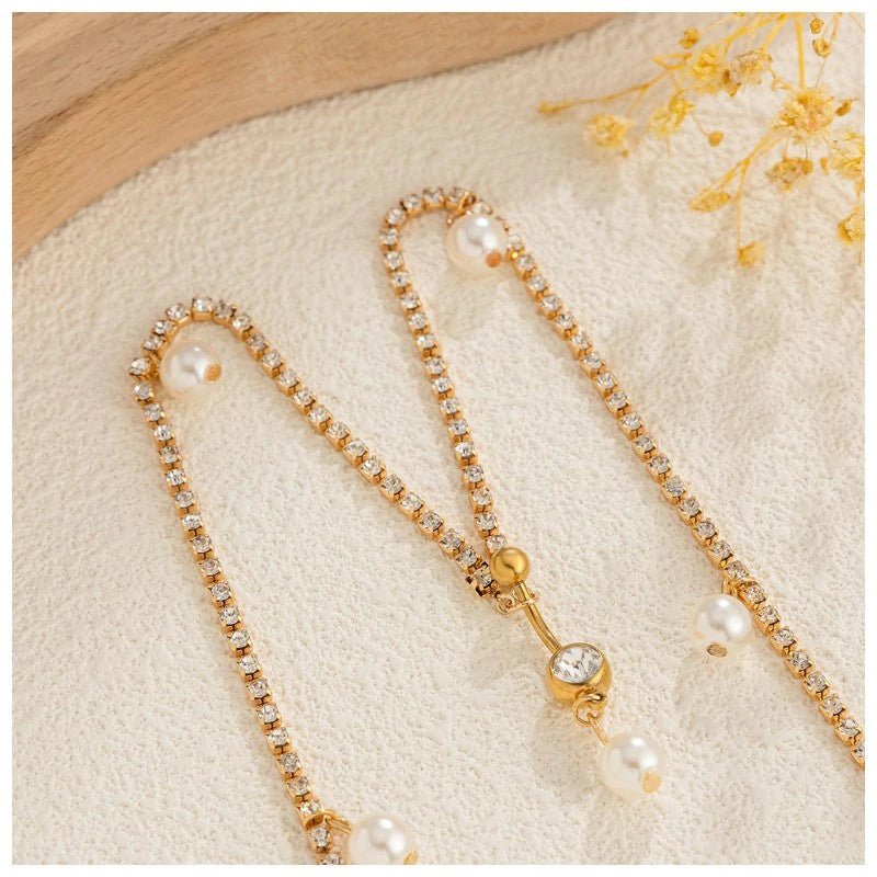 Dangle Belly Button Ring with Waist Chain Summer Beach Rhinestone Navel Piercing Dangle Waist Chain Bikini Pearl Belly Body