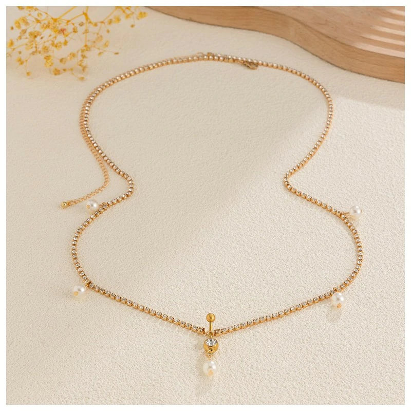 Dangle Belly Button Ring with Waist Chain Summer Beach Rhinestone Navel Piercing Dangle Waist Chain Bikini Pearl Belly Body