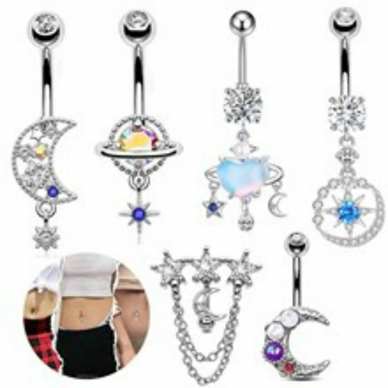 Dangle Moon Belly Button Rings 14G Gold Belly Navel Rings Stainless Steel Navel Piercing Jewelry