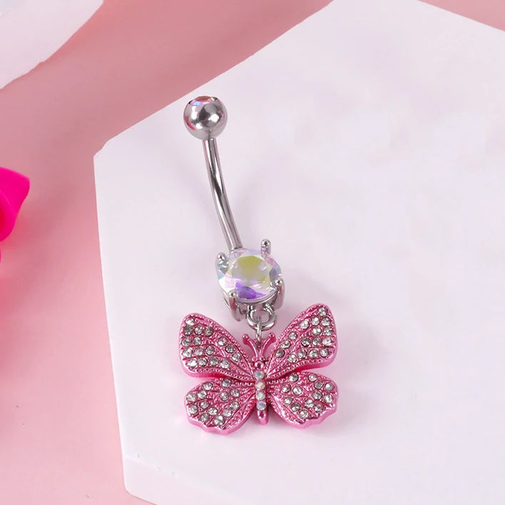 Dangle Navel Belly Piercing Jewelry Sparkly Pink CZ Heart Navel Belly Rings