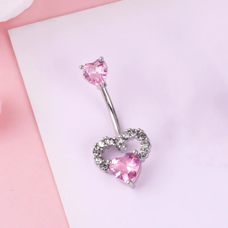 Dangle Navel Belly Piercing Jewelry Sparkly Pink CZ Heart Navel Belly Rings