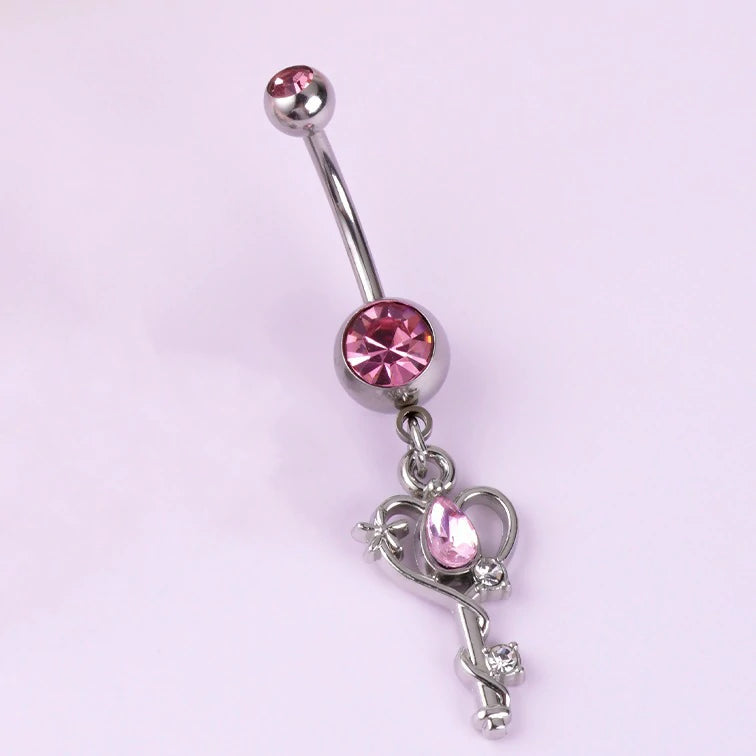 Dangle Navel Belly Piercing Jewelry Sparkly Pink CZ Heart Navel Belly Rings