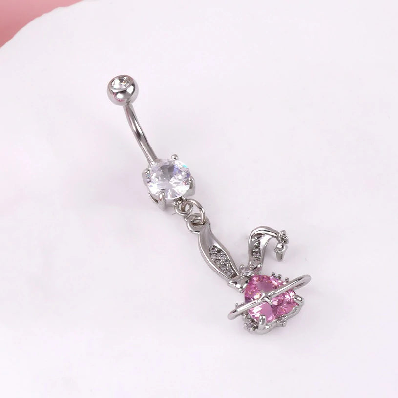 Dangle Navel Belly Piercing Jewelry Sparkly Pink CZ Heart Navel Belly Rings