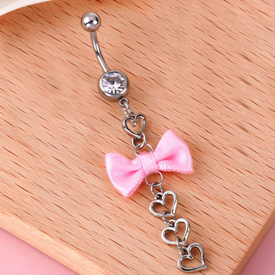 Dangle Navel Belly Piercing Jewelry Sparkly Pink CZ Heart Navel Belly Rings