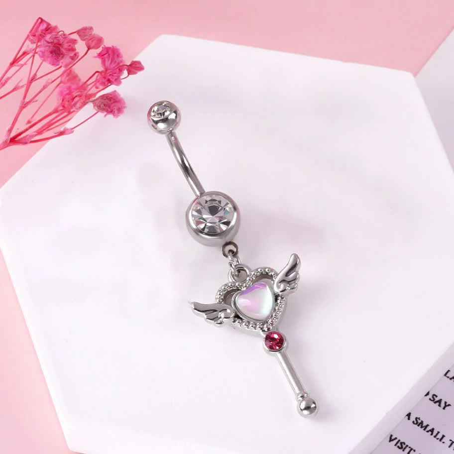 Dangle Navel Belly Piercing Jewelry Sparkly Pink CZ Heart Navel Belly Rings