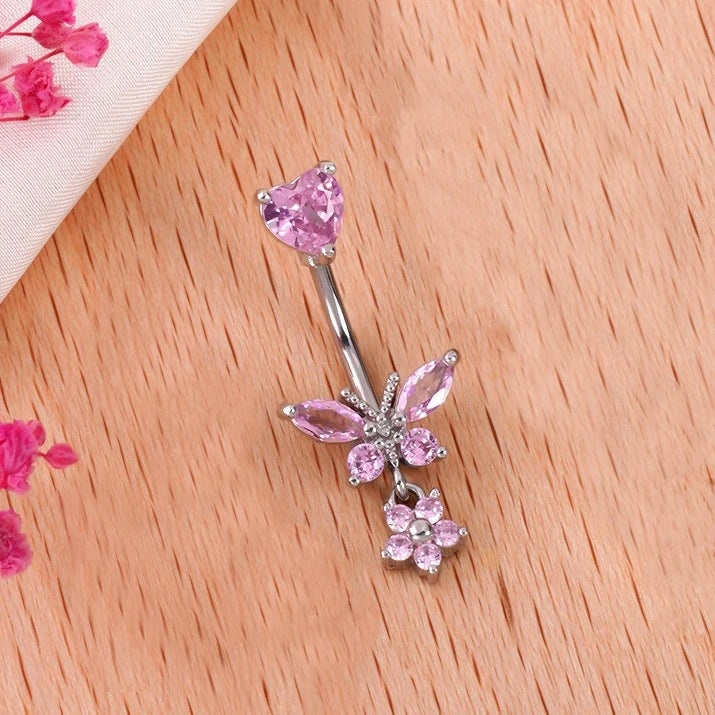 Dangle Navel Belly Piercing Jewelry Sparkly Pink CZ Heart Navel Belly Rings