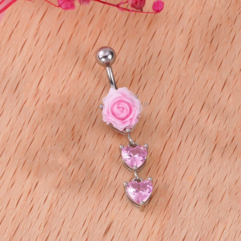 Dangle Navel Belly Piercing Jewelry Sparkly Pink CZ Heart Navel Belly Rings