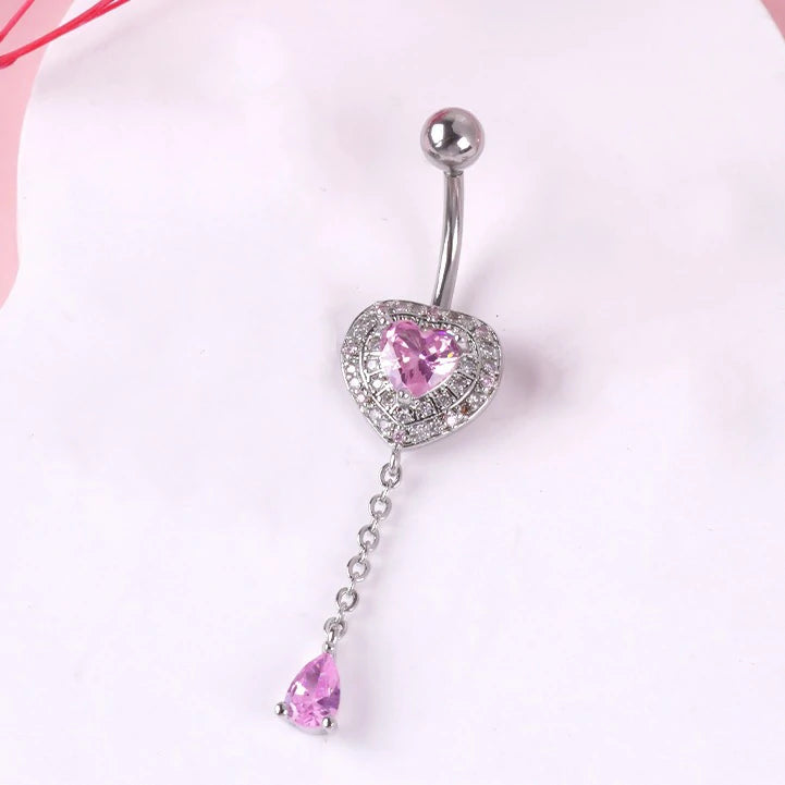 Dangle Navel Belly Piercing Jewelry Sparkly Pink CZ Heart Navel Belly Rings