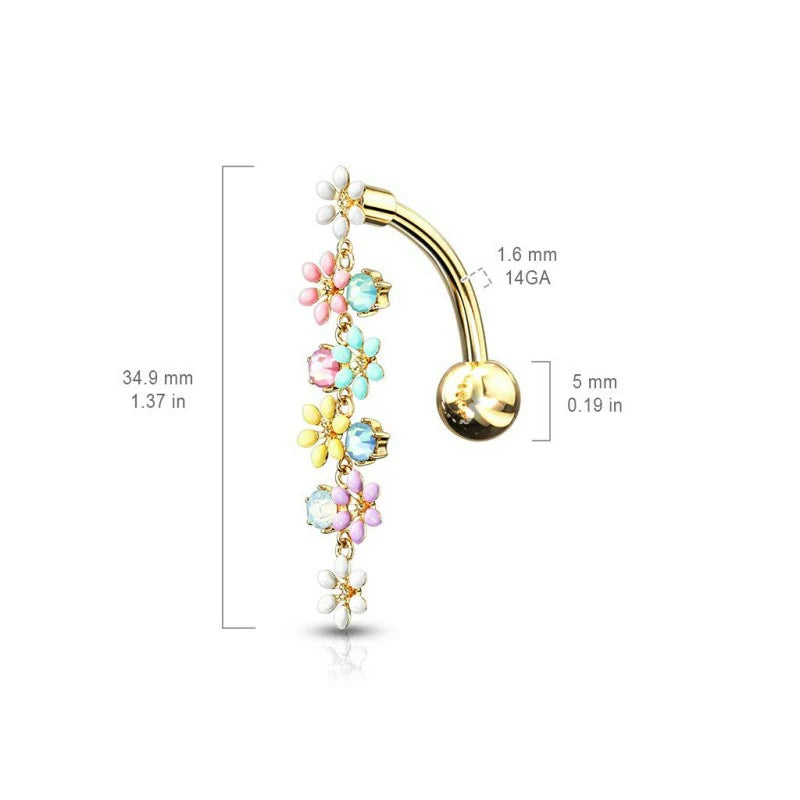 Dangling Flowers with Opalite Crystals Top Down Belly Button Ring