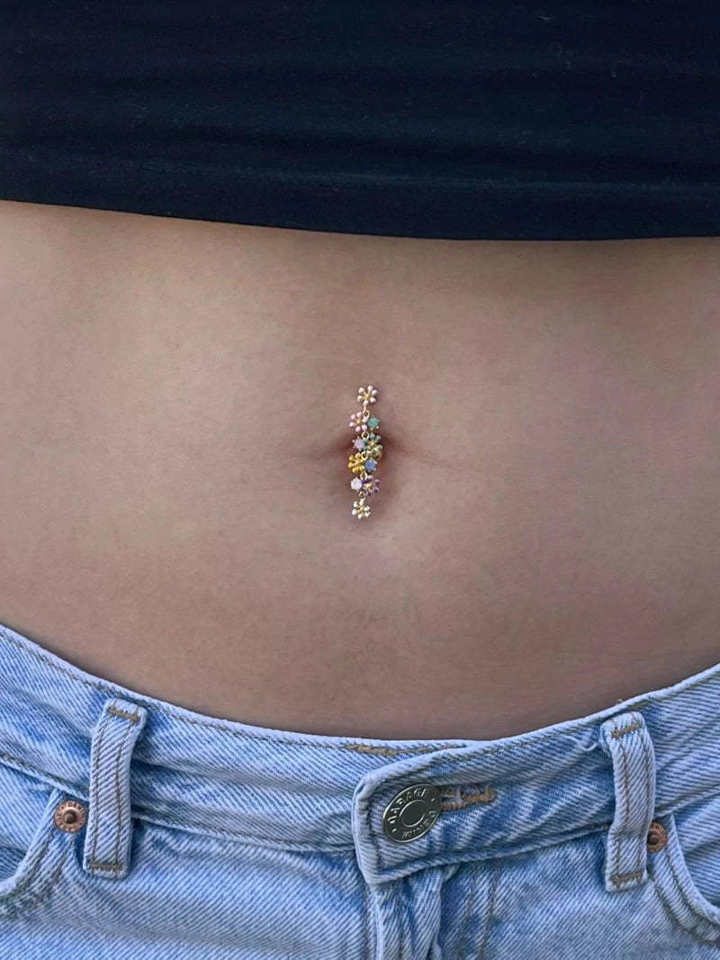 Dangling Flowers with Opalite Crystals Top Down Belly Button Ring