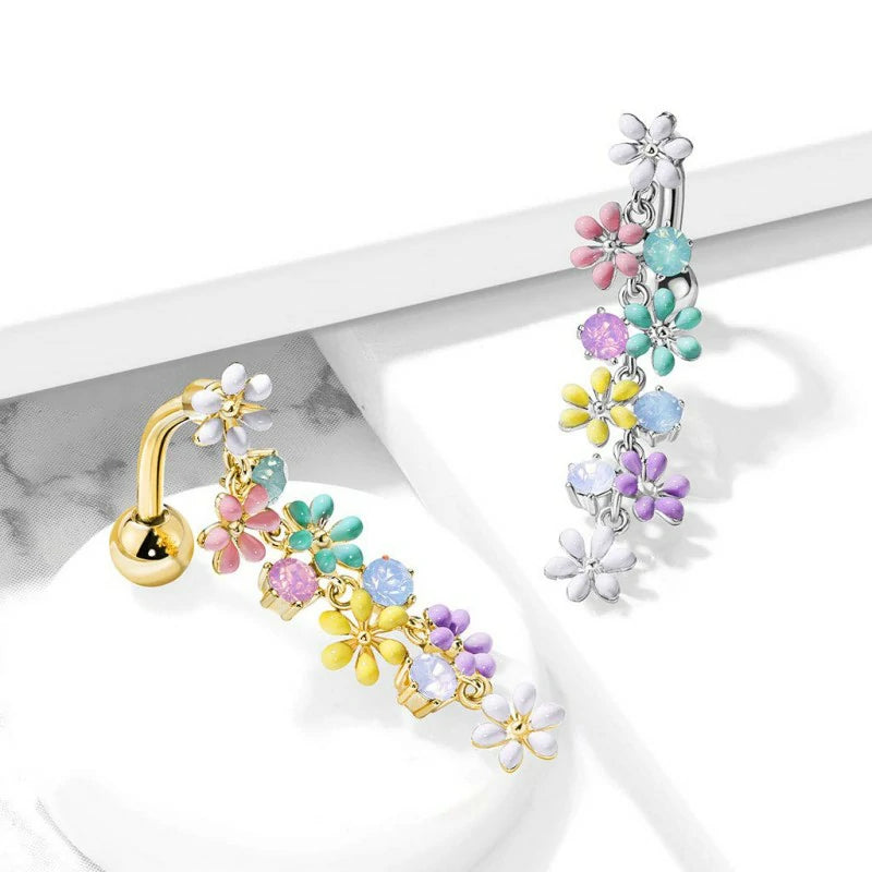 Dangling Flowers with Opalite Crystals Top Down Belly Button Ring