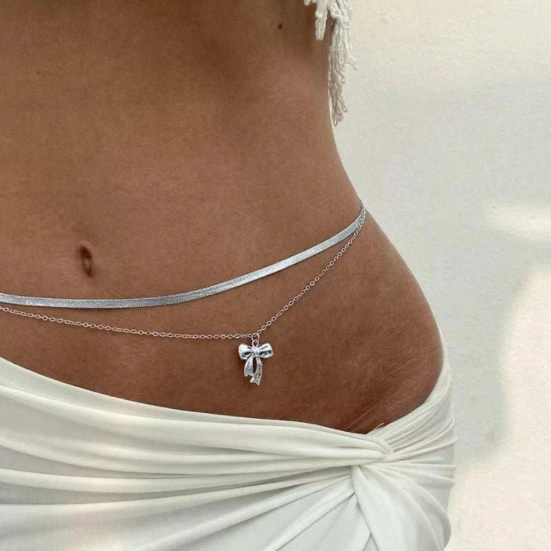 Double Layer Gold Waist Chains for Women Snake Bone Chain Silver Butterfly pendant Waist Chains