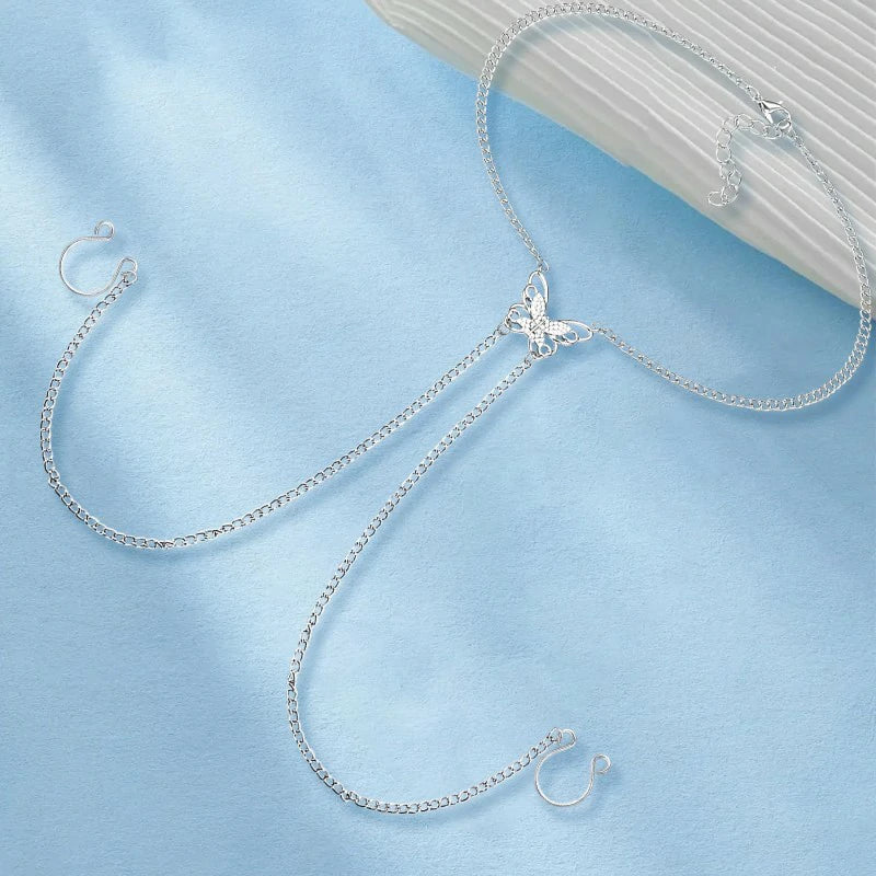 Fake Piercing with Chain Fake Rings Non Piercing Ring with Butterfly Necklaces