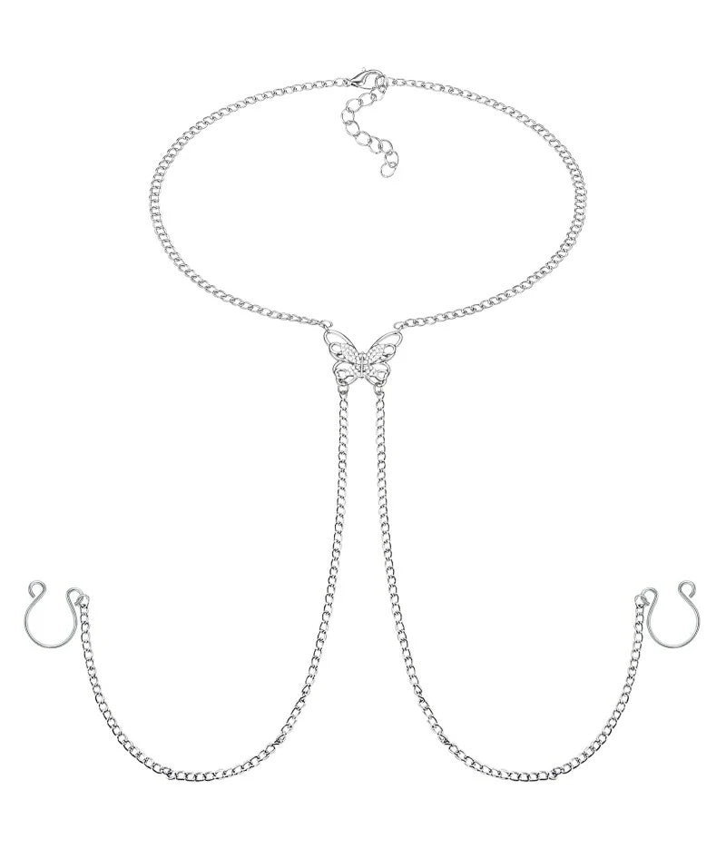 Fake Piercing with Chain Fake Rings Non Piercing Ring with Butterfly Necklaces