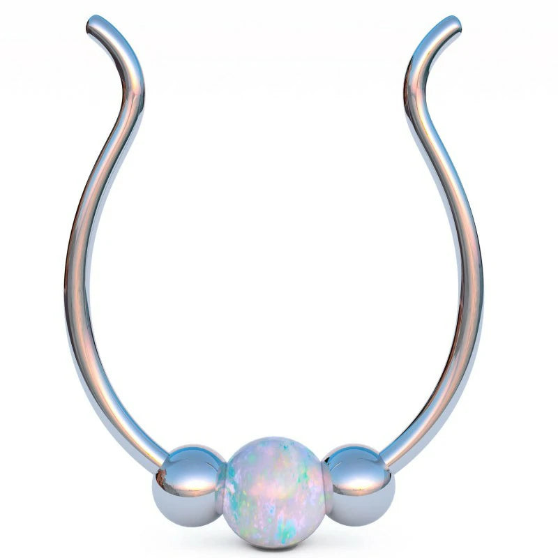 Fake Silver Septum Ring Tiny 24 Gauge White Opal Faux Septum Hoop