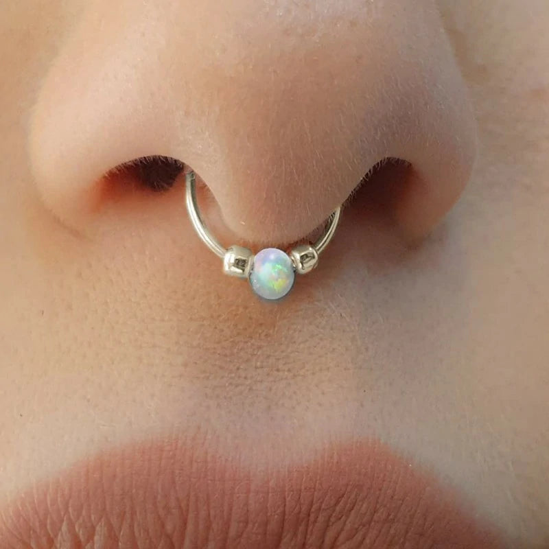 Fake Silver Septum Ring Tiny 24 Gauge White Opal Faux Septum Hoop