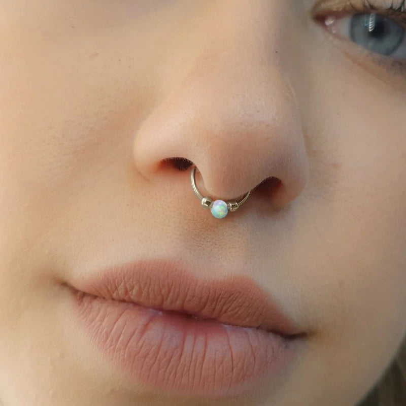 Fake Silver Septum Ring Tiny 24 Gauge White Opal Faux Septum Hoop