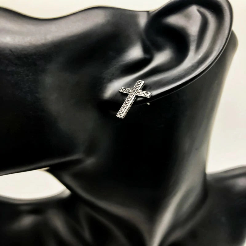 Flat Vintage Cross Stud Earrings link Chain Pattern