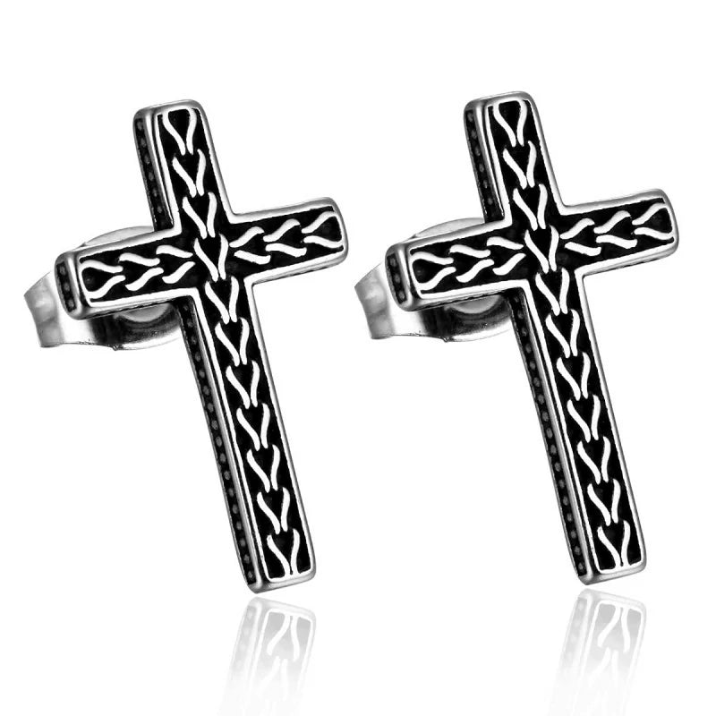 Flat Vintage Cross Stud Earrings link Chain Pattern