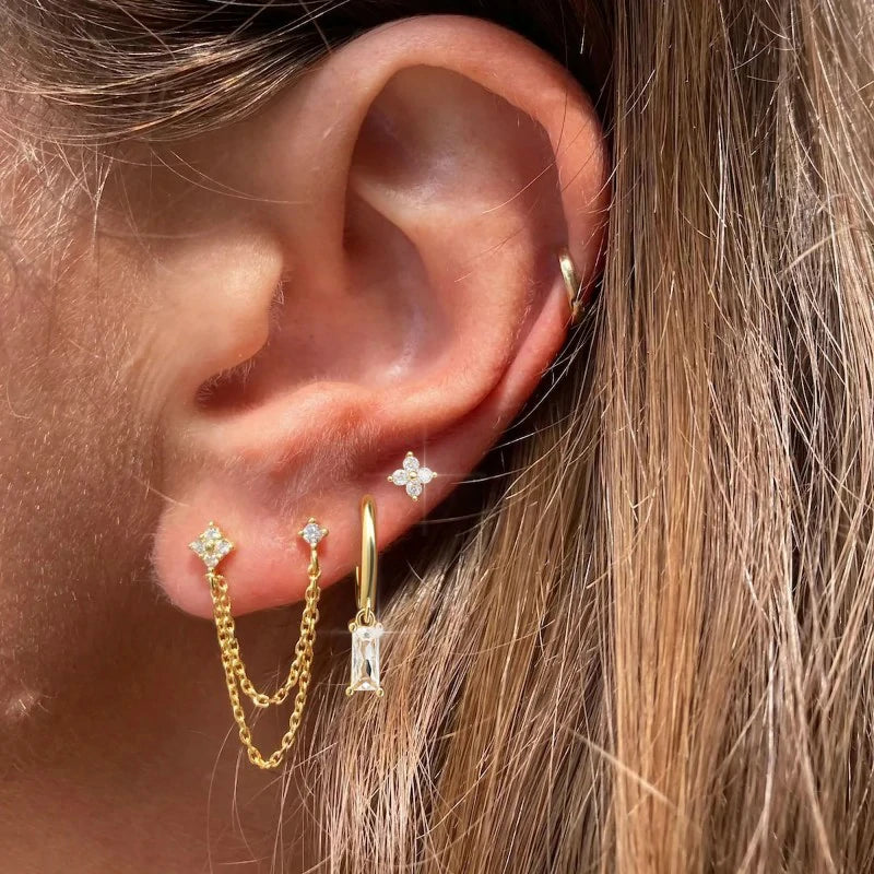 Gold Chain Stud Earrings Trendy Minimalist 14K Gold Small Huggie Hoop Birthstone Earring Sets
