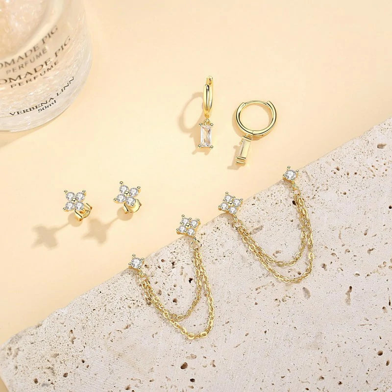 Gold Chain Stud Earrings Trendy Minimalist 14K Gold Small Huggie Hoop Birthstone Earring Sets
