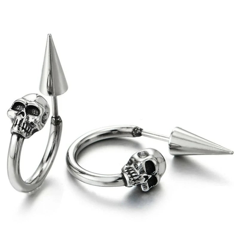 Half Hoop Skull Stud Earrings Stainless Steel Spiked Screw Back