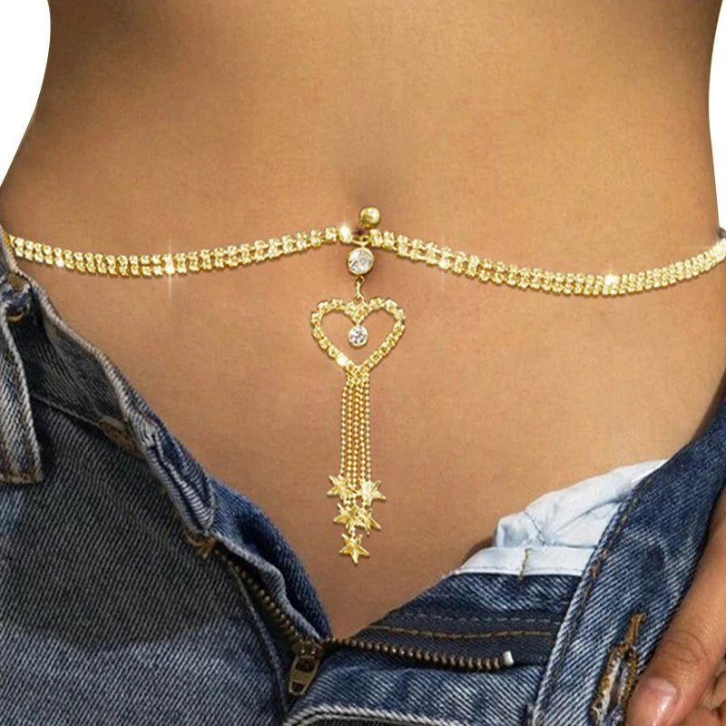 Heart Dangle Belly Button Ring with Waist Chain Crystal Piercing Navel Belly Chain