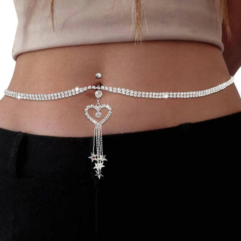 Heart Dangle Belly Button Ring with Waist Chain Crystal Piercing Navel Belly Chain