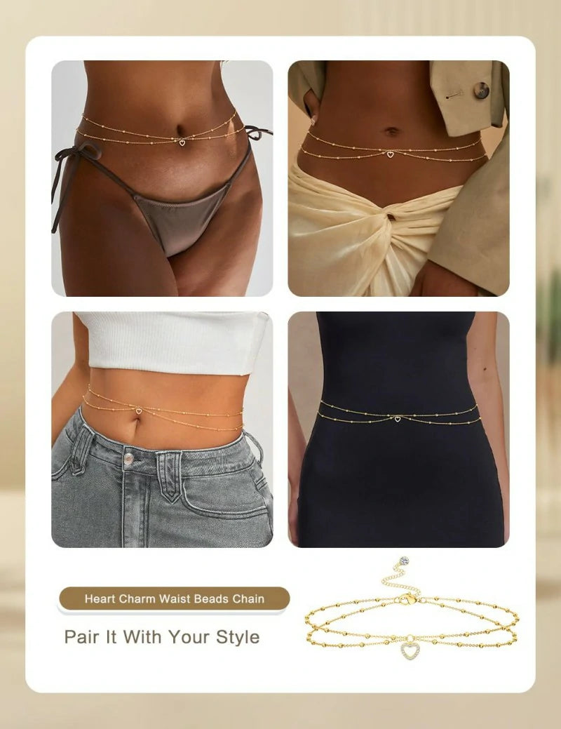 Heart Pearl Pendant Chain Belt Sexy Bikini Beach Waist Beads Chain Snake