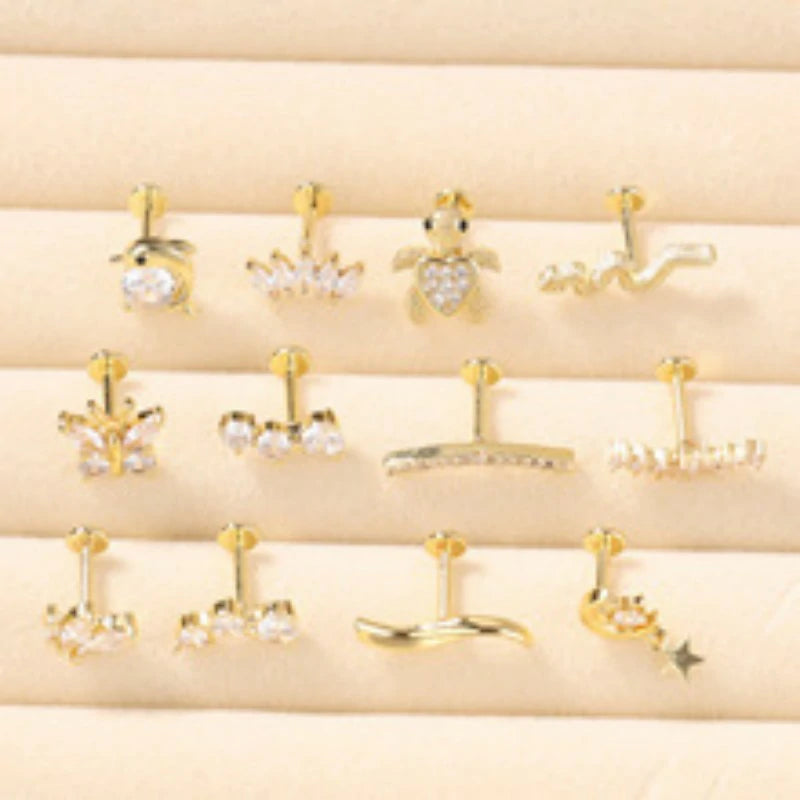 Threadless Flat Back Earrings Hypoallergenic 14K Real Gold Plated CZ Butterfly, Flower, Crawler Stud Earrings
