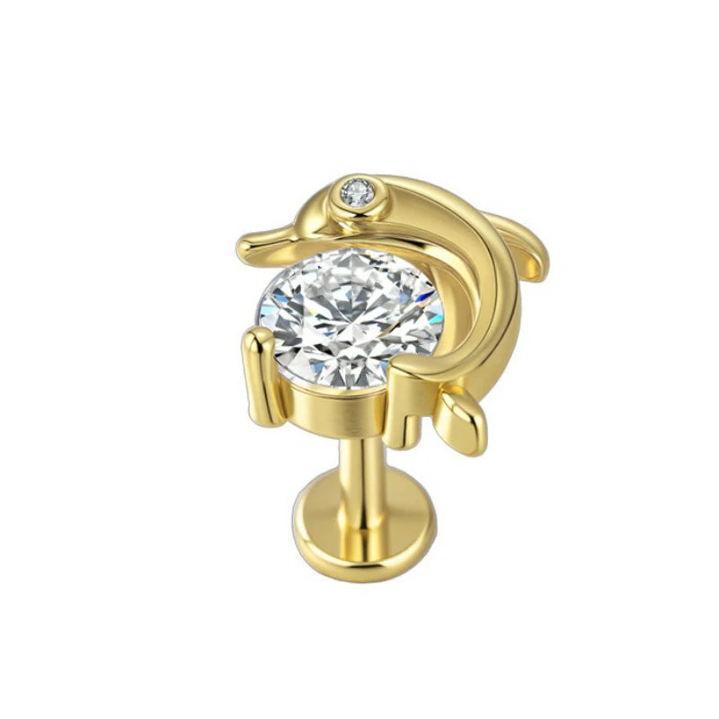 Threadless Flat Back Earrings Hypoallergenic 14K Real Gold Plated CZ Butterfly, Flower, Crawler Stud Earrings