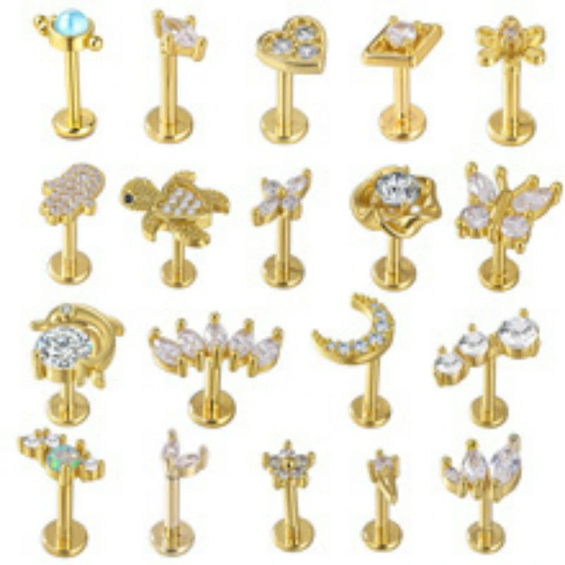 Threadless Flat Back Earrings Hypoallergenic 14K Real Gold Plated CZ Butterfly, Flower, Crawler Stud Earrings