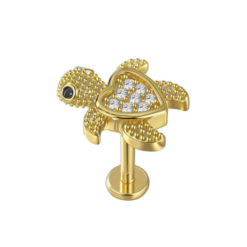 Threadless Flat Back Earrings Hypoallergenic 14K Real Gold Plated CZ Butterfly, Flower, Crawler Stud Earrings