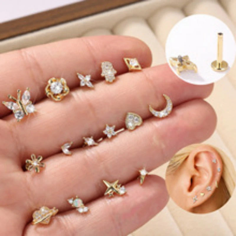 Threadless Flat Back Earrings Hypoallergenic 14K Real Gold Plated CZ Butterfly, Flower, Crawler Stud Earrings