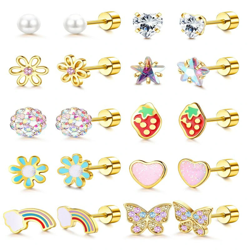 Hypoallergenic Flat Back Earrings for Girls Kids 10 Pair Surgical Stainless Steel Screw Back Cute Flower Butterfly Stud
