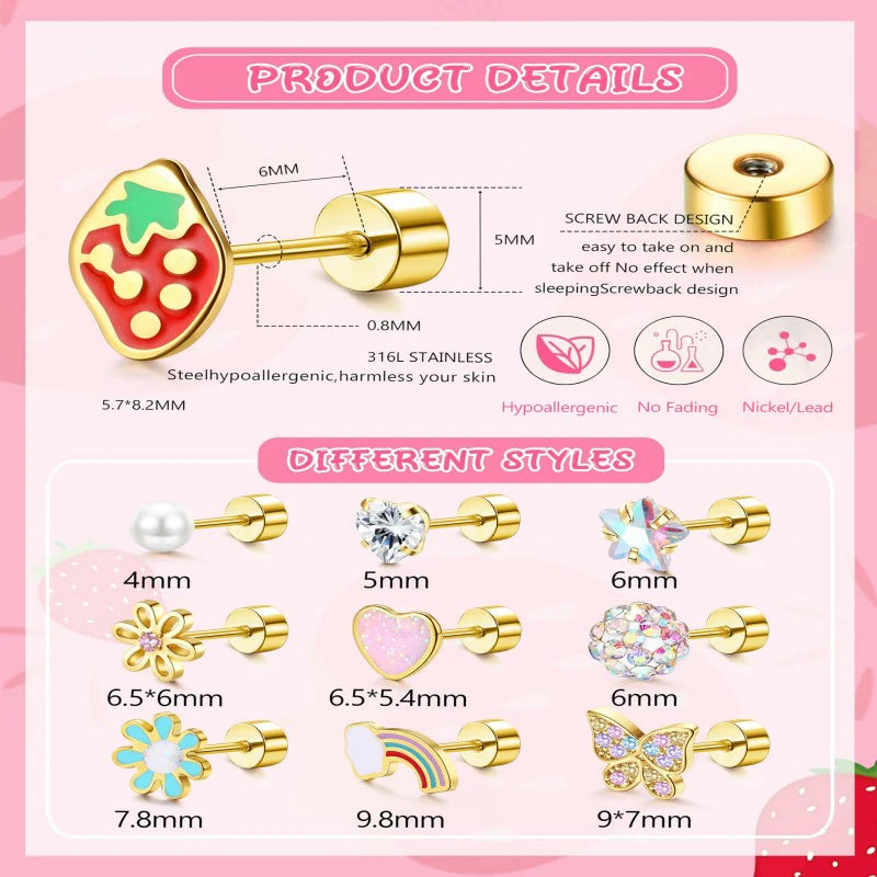 Hypoallergenic Flat Back Earrings for Girls Kids 10 Pair Surgical Stainless Steel Screw Back Cute Flower Butterfly Stud