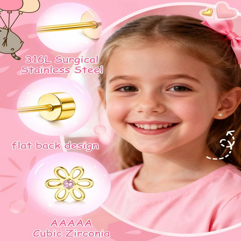 Hypoallergenic Flat Back Earrings for Girls Kids 10 Pair Surgical Stainless Steel Screw Back Cute Flower Butterfly Stud