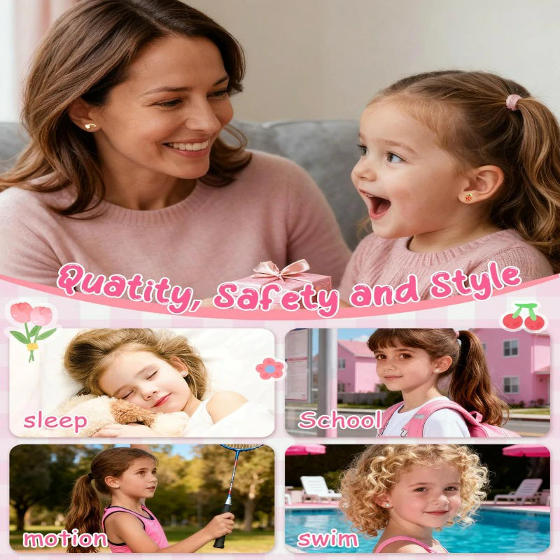 Hypoallergenic Flat Back Earrings for Girls Kids 10 Pair Surgical Stainless Steel Screw Back Cute Flower Butterfly Stud