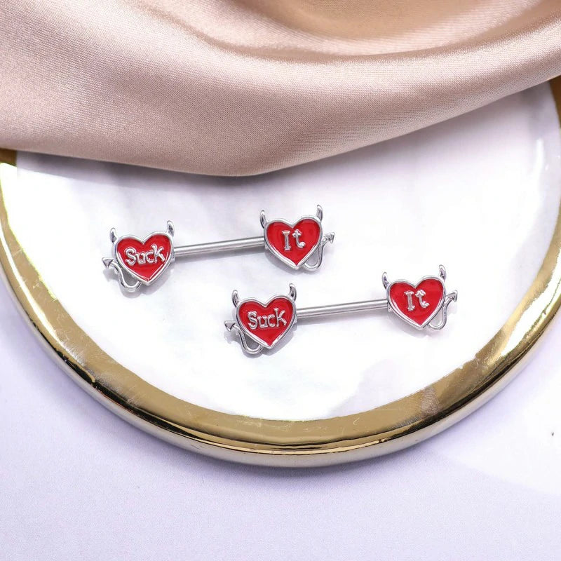 Letter Nipple Ring 14G 316L Surgical Steel Nipple Barbell Heart Shape Devil Body Piercing