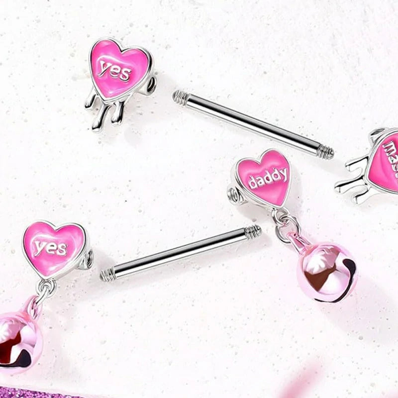 14G 316L Surgical Steel Pink Heart Barbell Yes Daddy Naughty Words Letter Nipple rings
