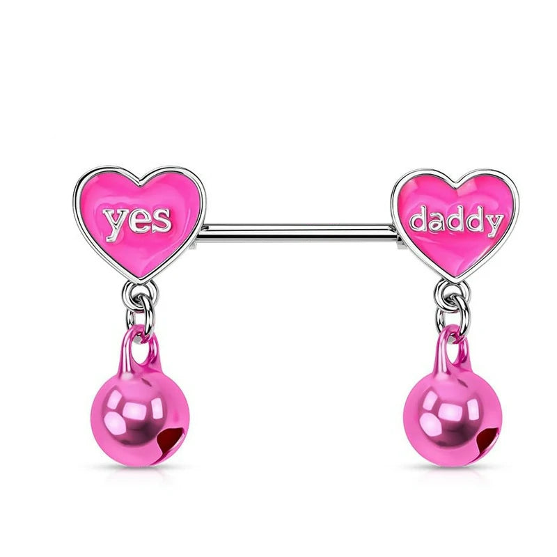 14G 316L Surgical Steel Pink Heart Barbell Yes Daddy Naughty Words Letter Nipple rings