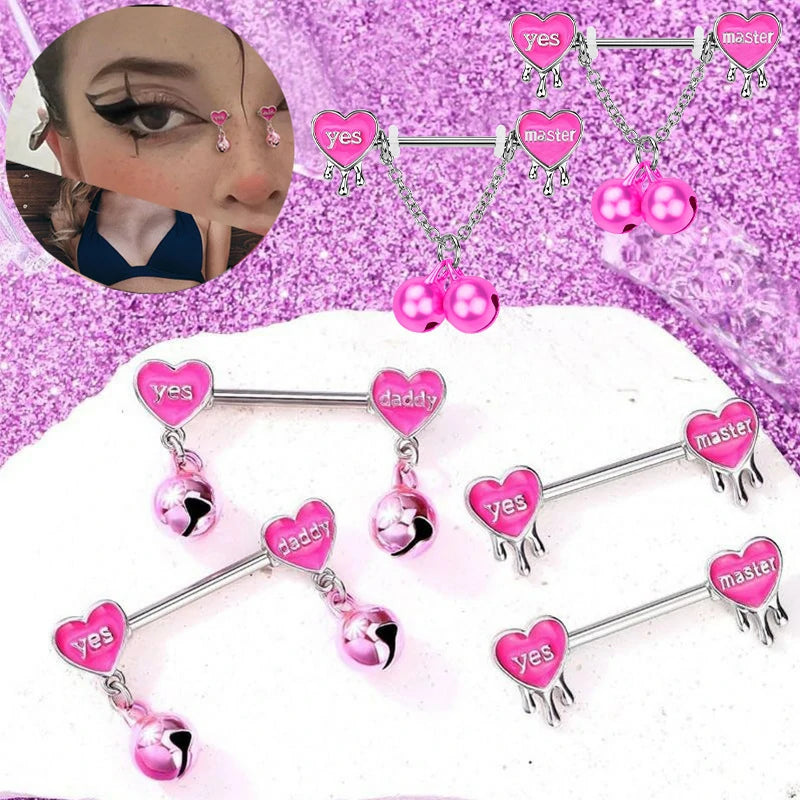 14G 316L Surgical Steel Pink Heart Barbell Yes Daddy Naughty Words Letter Nipple rings