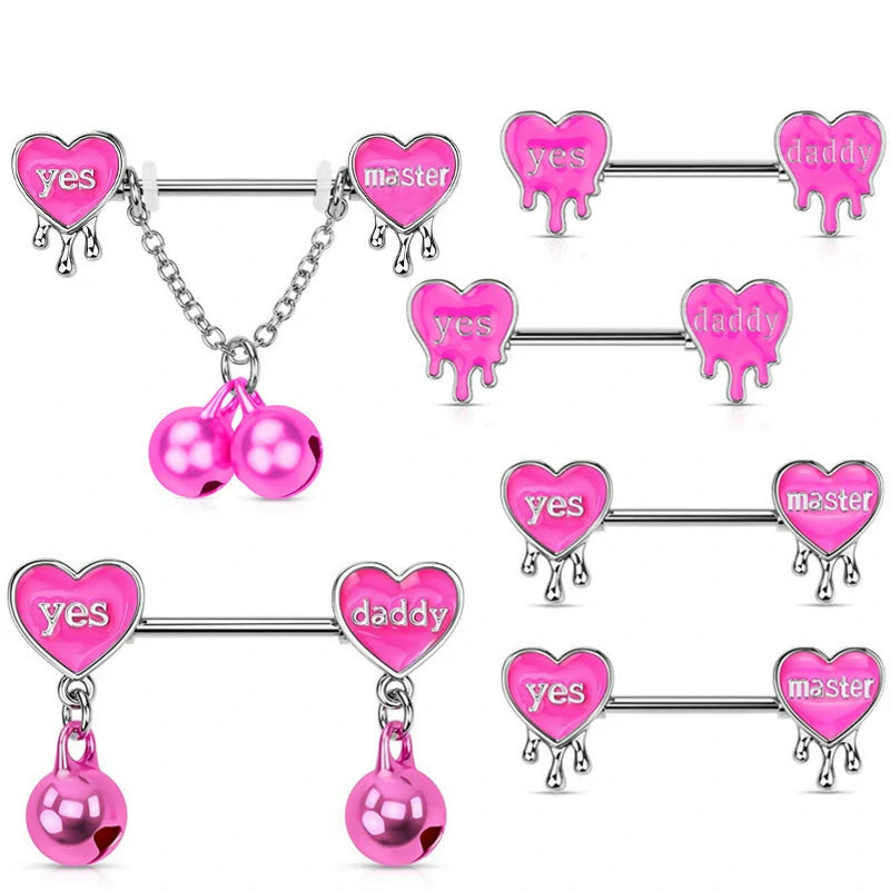 14G 316L Surgical Steel Pink Heart Barbell Yes Daddy Naughty Words Letter Nipple rings
