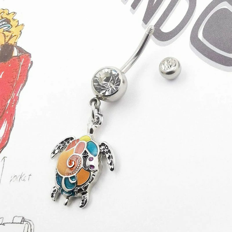 Multicolor Sea Turtle Curved Barbell Dangle Belly Button Ring