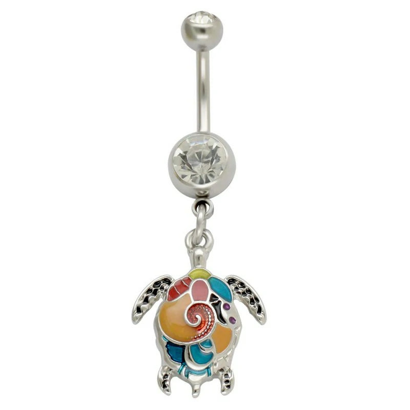 Multicolor Sea Turtle Curved Barbell Dangle Belly Button Ring