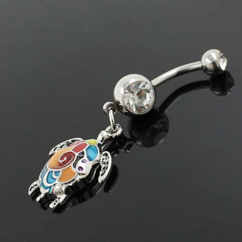 Multicolor Sea Turtle Curved Barbell Dangle Belly Button Ring