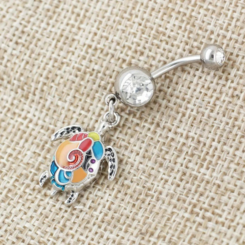 Multicolor Sea Turtle Curved Barbell Dangle Belly Button Ring