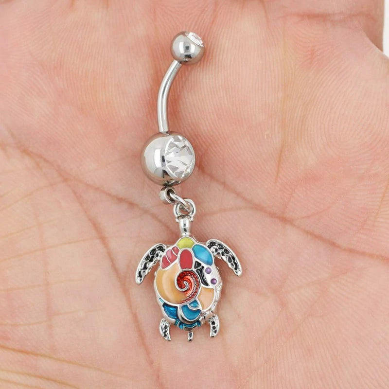 Multicolor Sea Turtle Curved Barbell Dangle Belly Button Ring