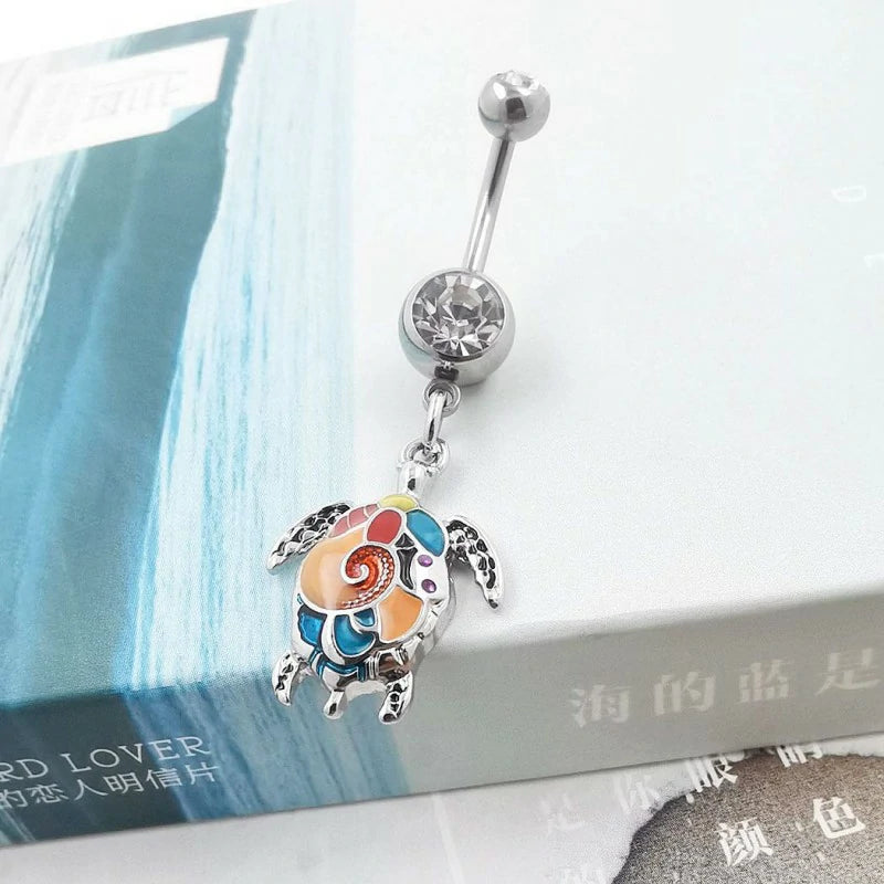 Multicolor Sea Turtle Curved Barbell Dangle Belly Button Ring